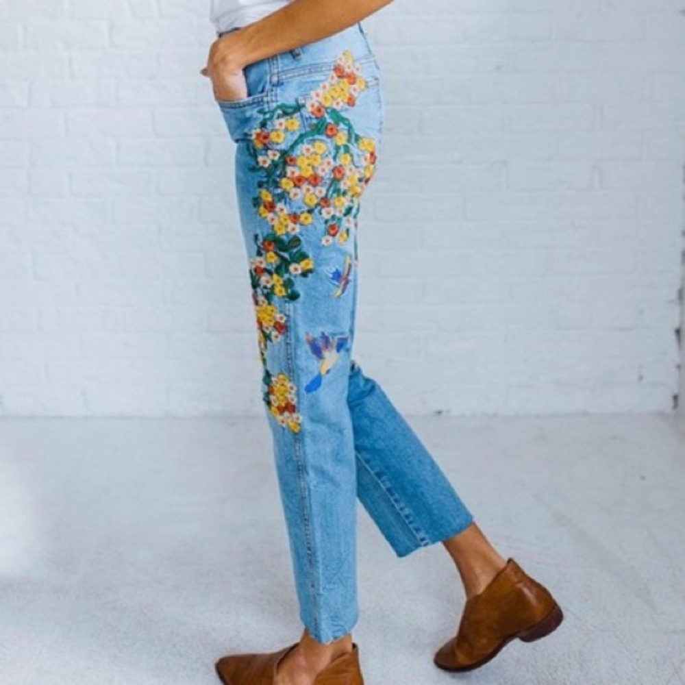 Free People Embroidered Girlfriend Jean